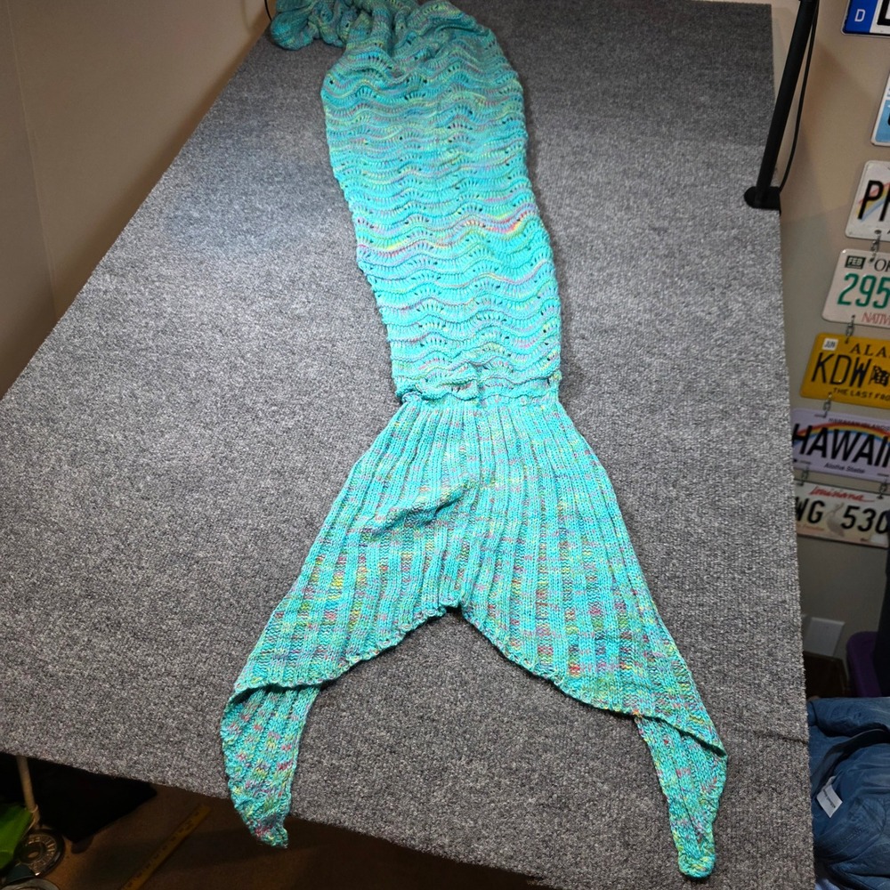 Mermaid‎ Tail Blanket Knit Crochet Turquoise Wave Pattern Cocoon Throw Afghan - Picture 8 of 10